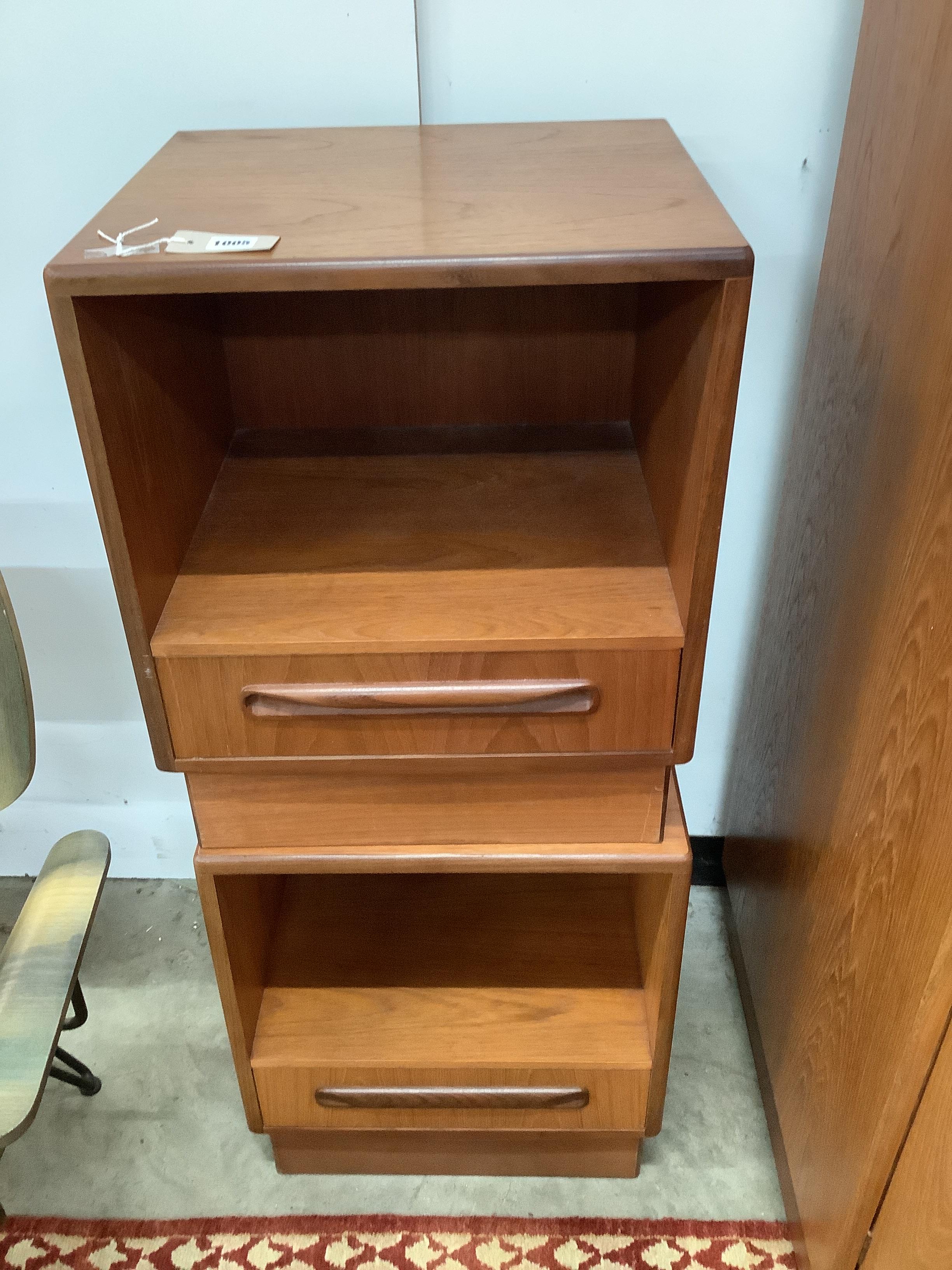 A mid century G Plan Fresco teak triple wardrobe, width 120cm, depth 58cm, height 176cm together with a pair of G Plan teak bedside cabinets